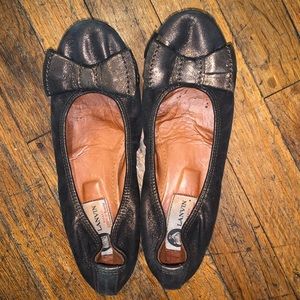 Lanvin Grosgrain Bow-detailed Bronze Ballet Flats